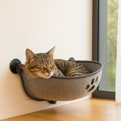 A soft and secure felt hammock for cats displayed in the corner of the room, with a young tabby cat sleeping inside, resting his head on the edge of the cat bed.