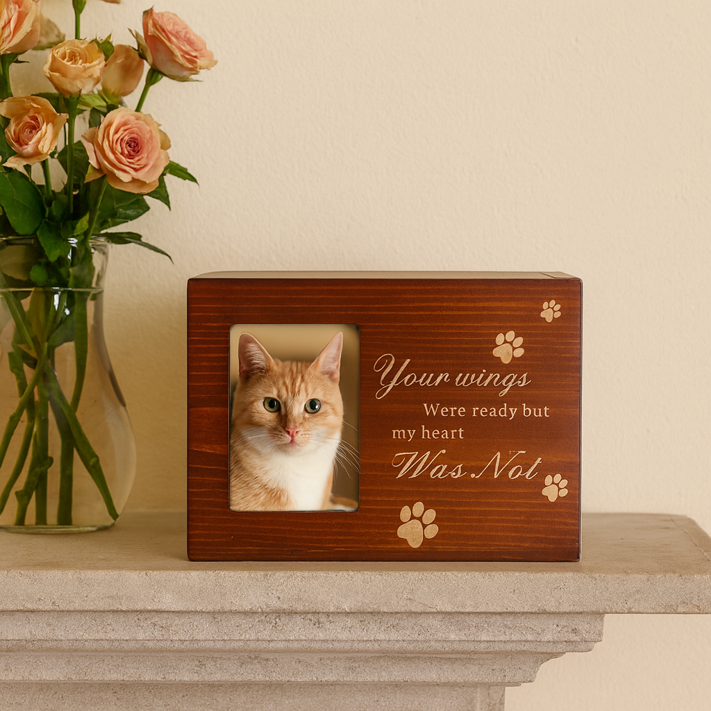Wooden pet urn with a cat photo and engraved text displayed on a stone mantlepiece with roses.