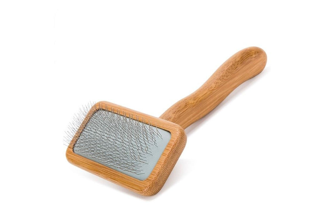 Pet grooming brush with wooden handle on a white background