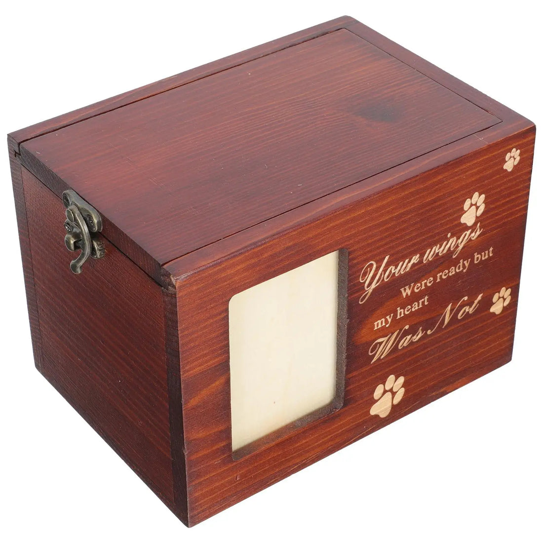 Wooden pet urn with engraved text, paw prints and photo frame on a white background.