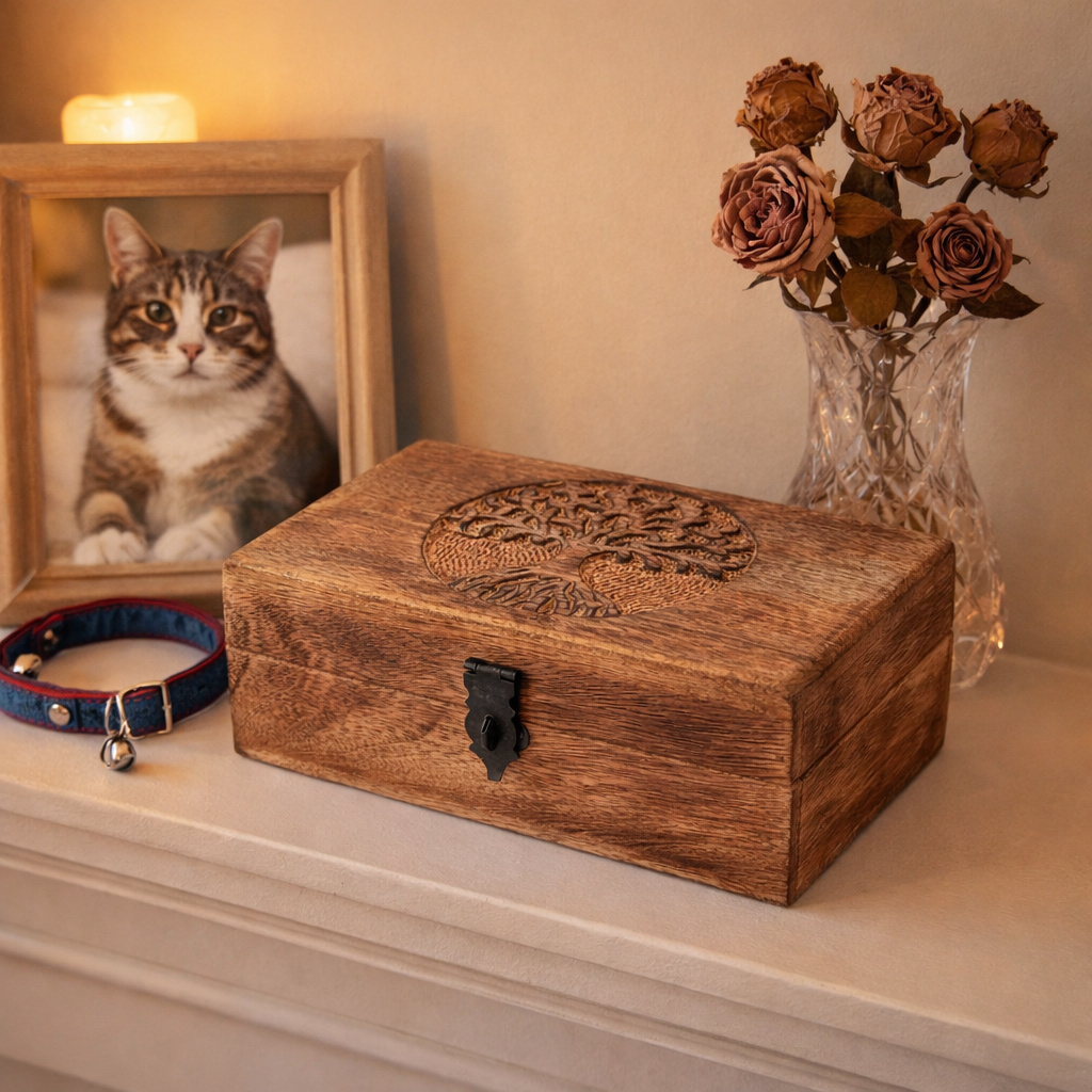 Wooden memorial box for pet ashes with engraved motif of the tree of life displayed on a mantlepiece along with a photo of a cat, pet collar and flowers.