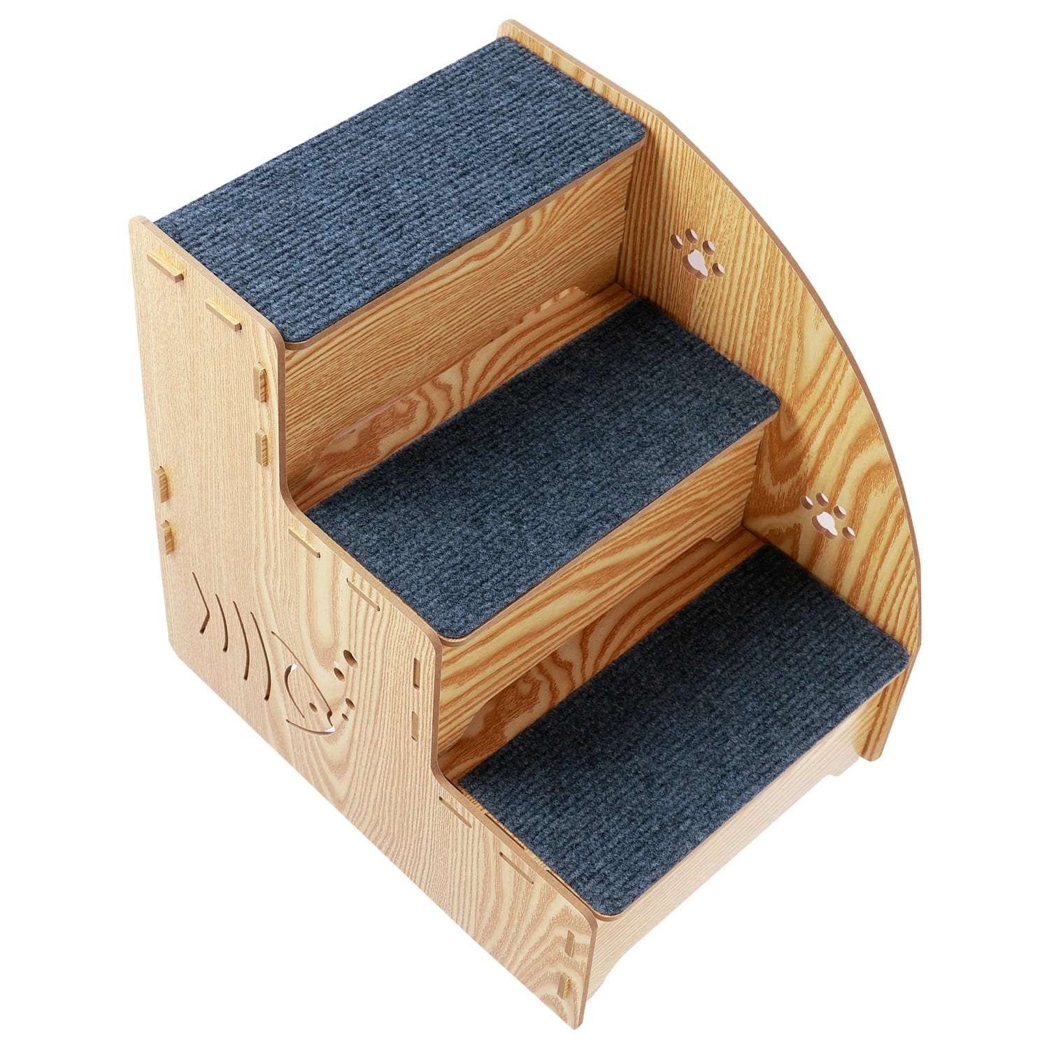Wooden pet ladder with steps covered with carpet material displayed on a white background.