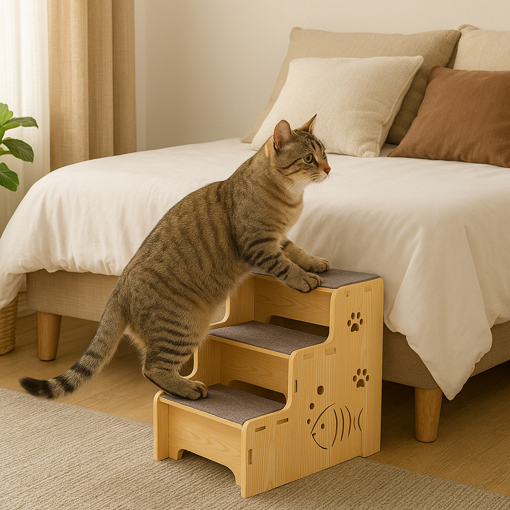 Tabby cat is climbing on a wooden pet stairs to go to bed.