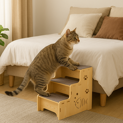 Tabby cat is climbing on a wooden pet stairs to go to bed.